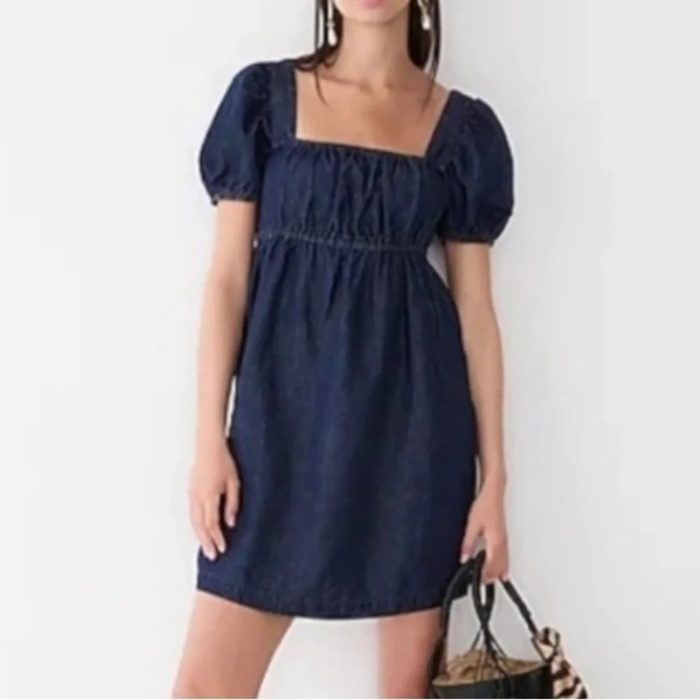 EUC J. Crew Linen Blend Denim Square Neck Puff Sleeve Dress Size 00 - Picture 1 of 9